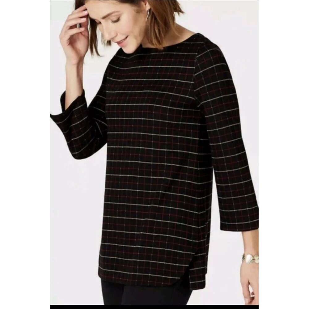 J. Jill Ponte Black Red Black Plaid 3/4 Sleeve Top Shirt Women's Sz Medium